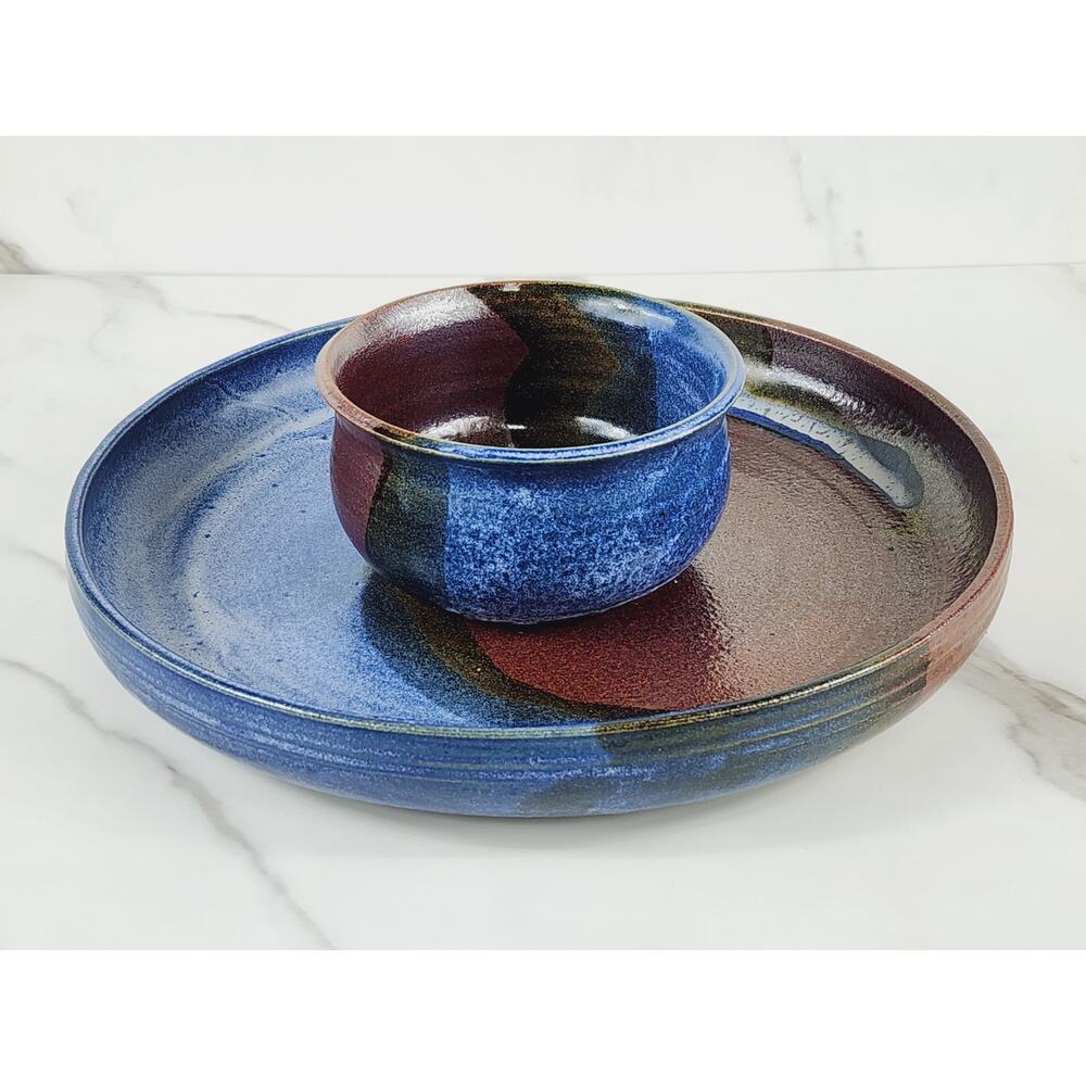 Chip & Dip Bowl Serving Platter Handmade Blue Pottery 10 1/2" Carolyn Cole Vtg